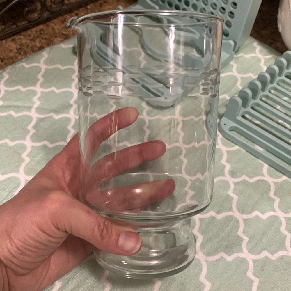 Mid Century Etched Glass Martini Pitcher holds 32 oz